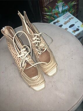 Jeffrey Campbell  Lace-Up Cutout Peep-Toe Heels in Beige